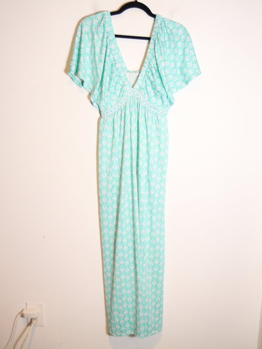 Cabana Life Teal Green Printed Maxi Dress Small Resort Beach Flutter Back Cutout